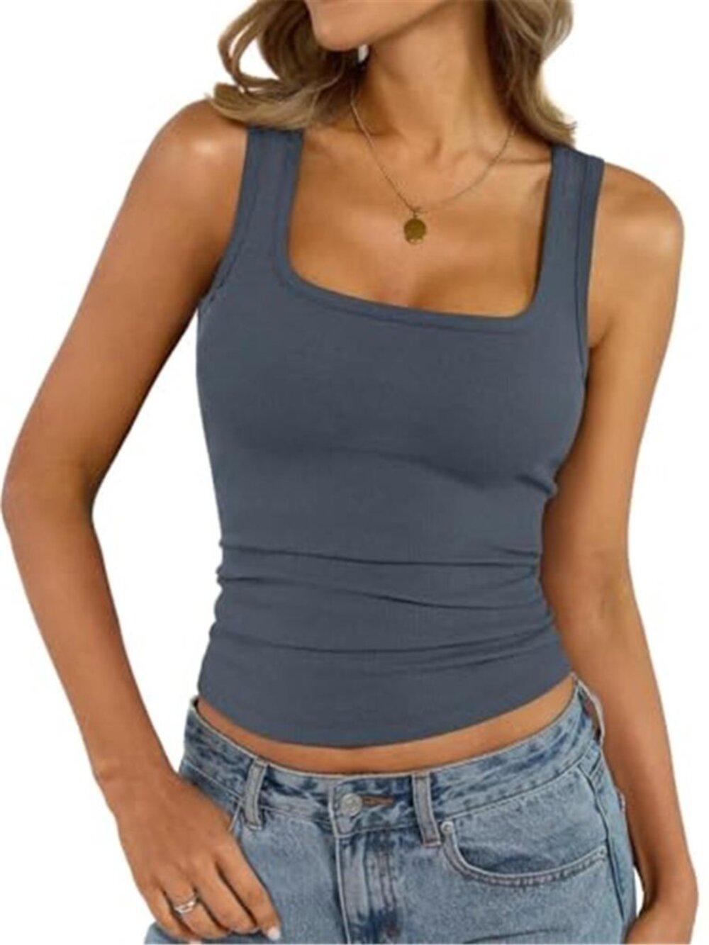Womens Ribbed Square Neck Tank Top Cotton Stretch Slim Fit Sleeveless Crop Top